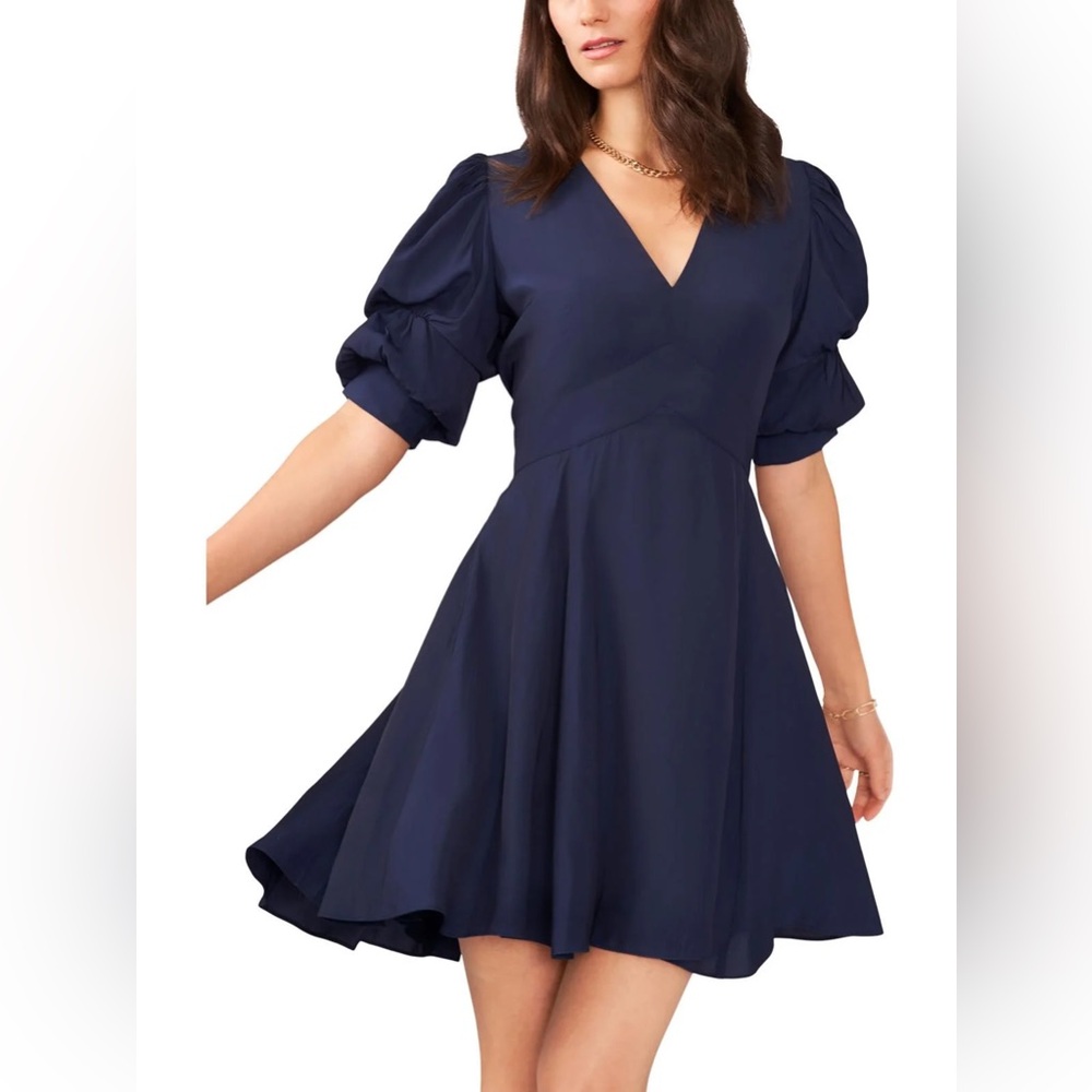 1.State - Short Puffed Sleeve V-Neck Mini Dress
